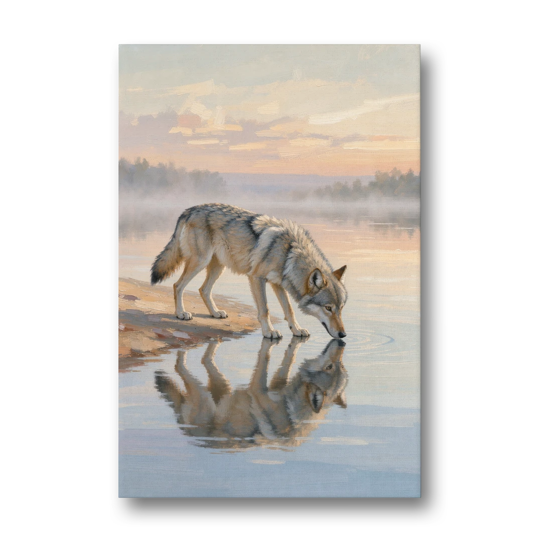 Gray Wolf Drinking at Dawn for the Bathroom - Canvas Wall Art - Front