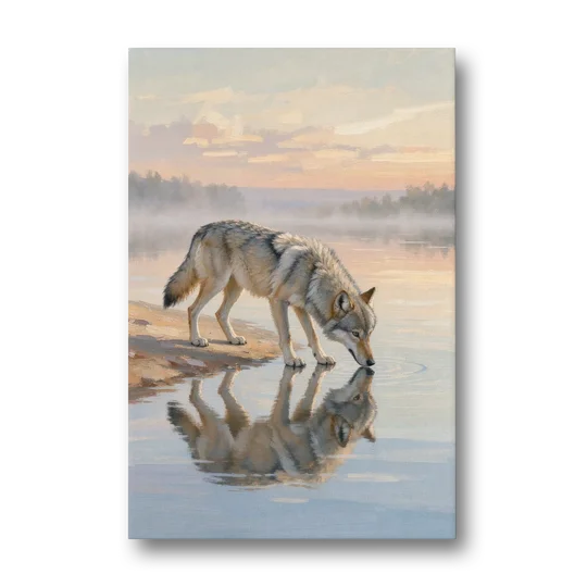 Gray Wolf Drinking at Dawn for the Bathroom - Canvas Wall Art - Front