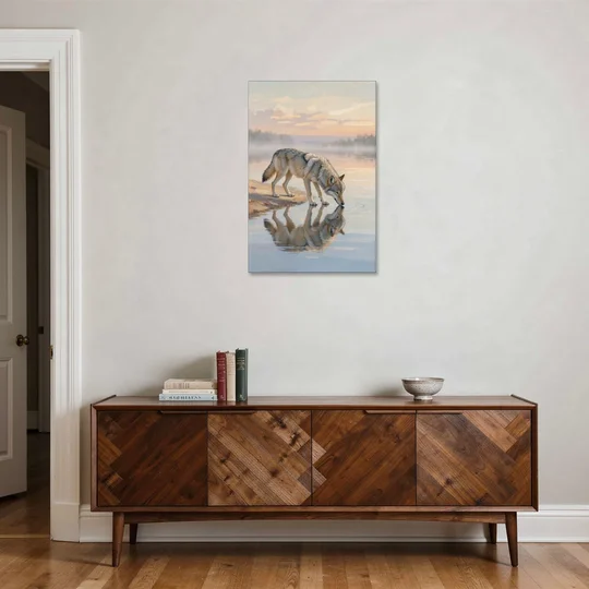 Gray Wolf Drinking at Dawn for the Bathroom - Canvas Wall Art - Coffee Table - 24x36