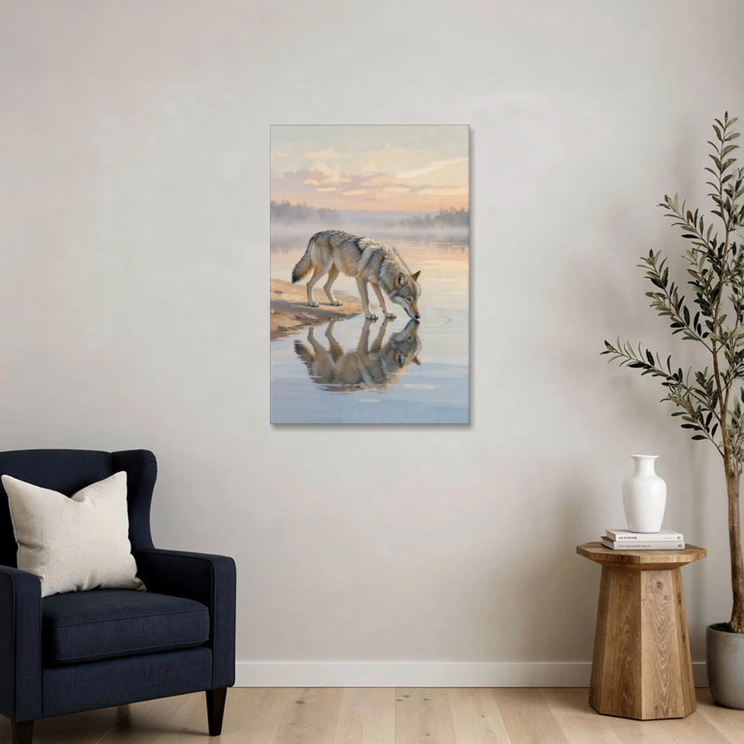 Gray Wolf Drinking at Dawn for the Bathroom - Canvas Wall Art - Sofa - 24x36