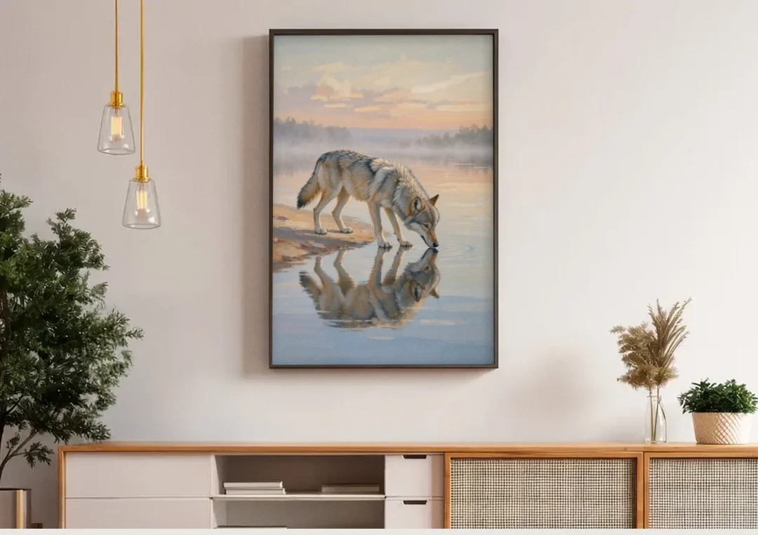 Gray Wolf Drinking at Dawn for the Bathroom canvas wall art above a wooden sideboard under pendant lights