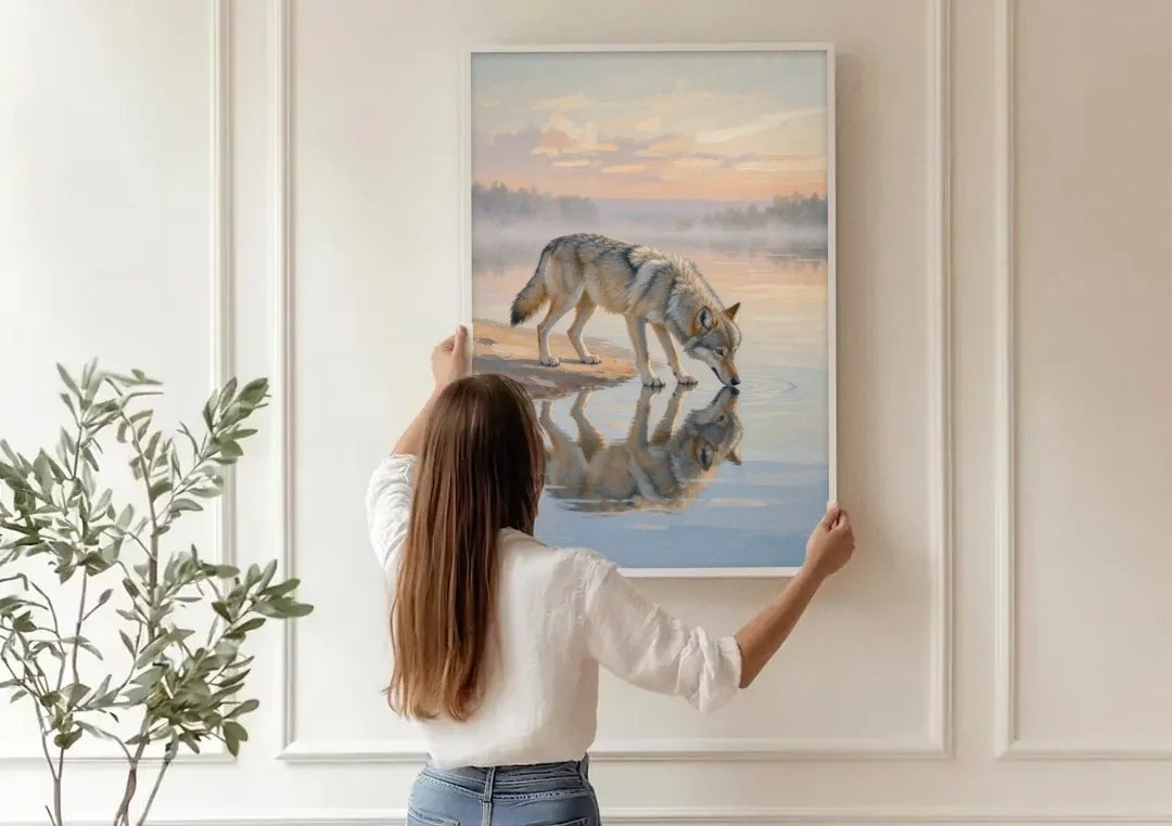 Gray Wolf Drinking at Dawn for the Bathroom canvas wall art being hung on a paneled wall