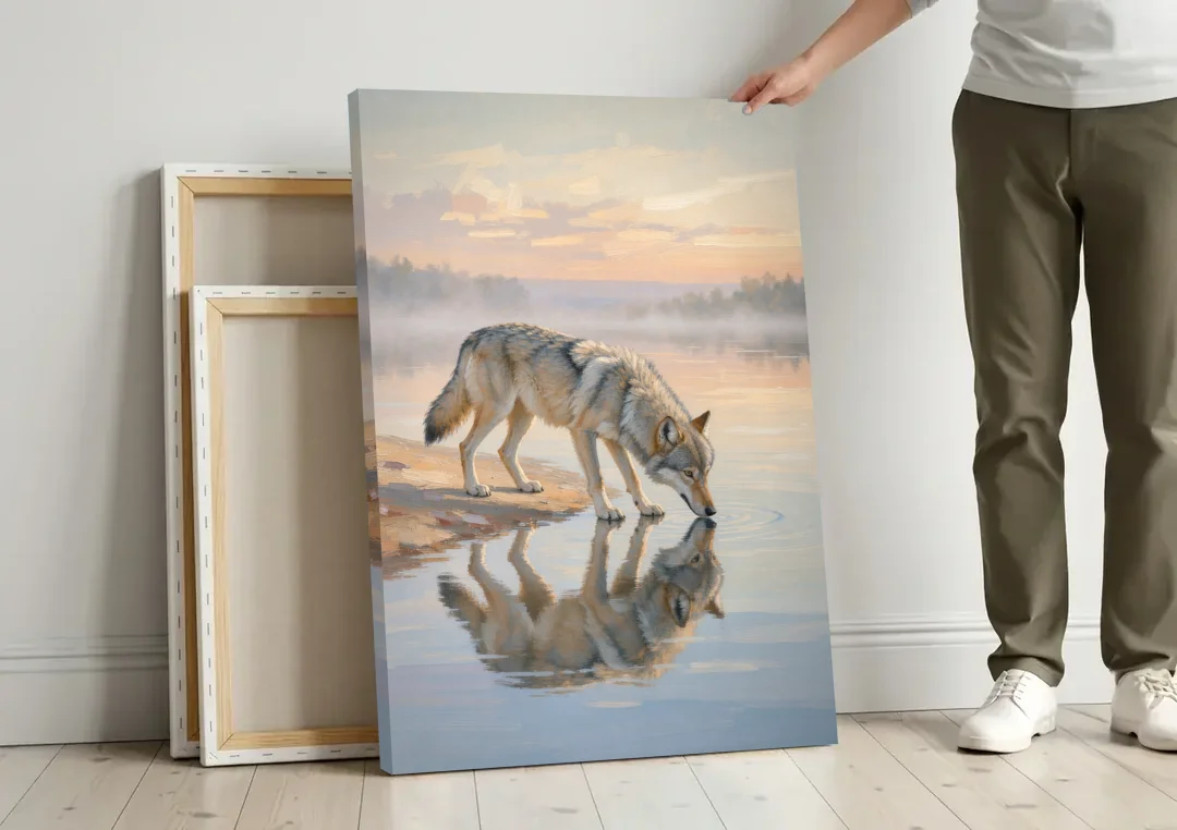 Gray Wolf Drinking at Dawn for the Bathroom canvas wall art leaning against a wall next to blank canvases