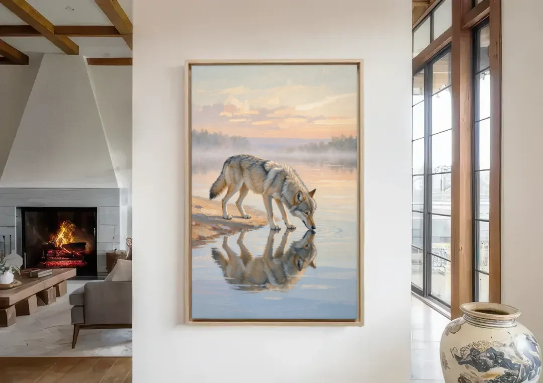 Gray Wolf Drinking at Dawn for the Bathroom canvas wall art in a living room with a fireplace