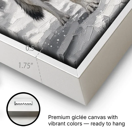 Gray Wolf in Falling Snow - White Framed Canvas Wall Art - Gallery Wrap Corner