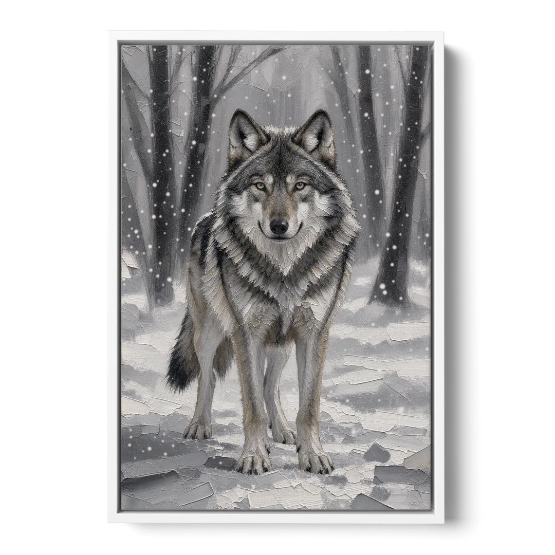 Gray Wolf in Falling Snow - White Framed Canvas Wall Art - Front