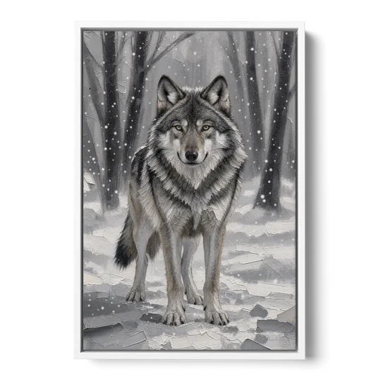 Gray Wolf in Falling Snow - White Framed Canvas Wall Art - Front