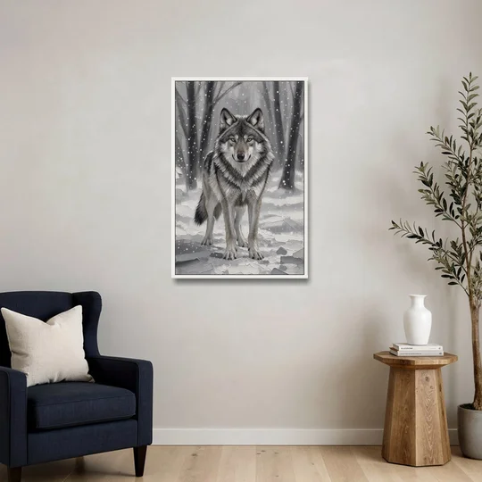 Gray Wolf in Falling Snow - White Framed Canvas Wall Art - Sofa - 24x36
