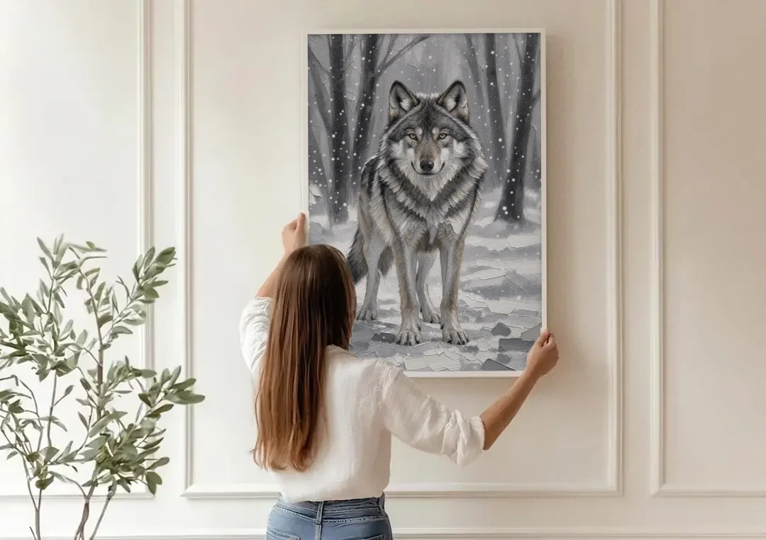 Gray Wolf in Falling Snow canvas wall art being hung on a paneled wall
