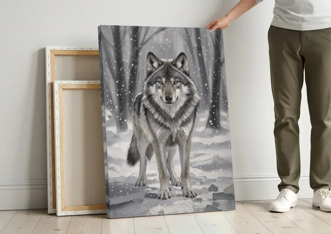 Gray Wolf in Falling Snow canvas wall art leaning against a wall next to blank canvases