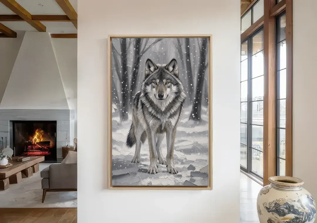 Gray Wolf in Falling Snow canvas wall art in a living room with a fireplace