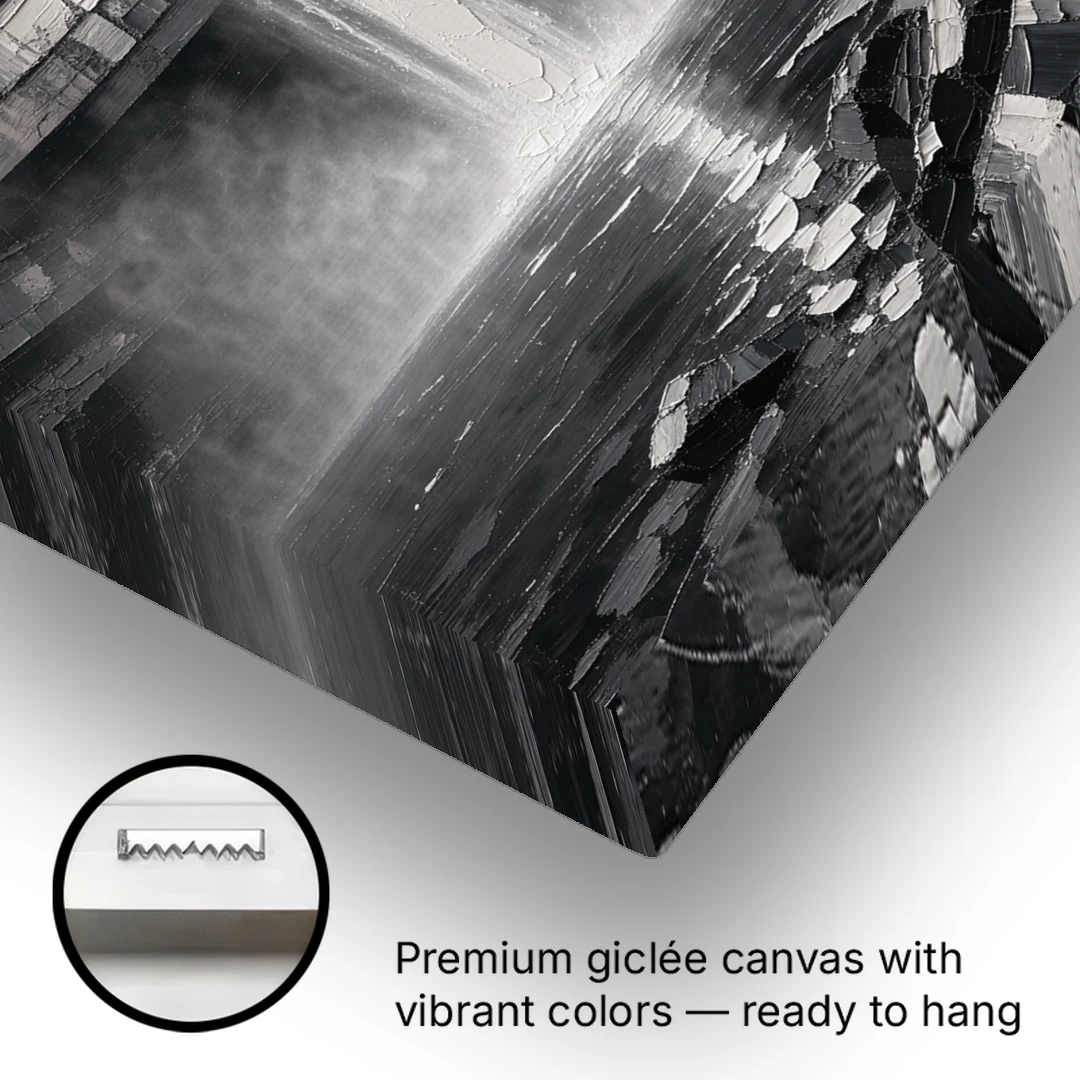 Grayscale Wall Art of a Canyon Waterfall - Canvas Wall Art - Gallery Wrap Corner