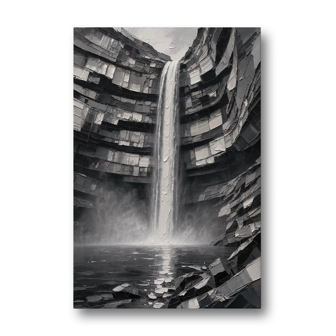 Grayscale Wall Art of a Canyon Waterfall - Canvas Wall Art - Front