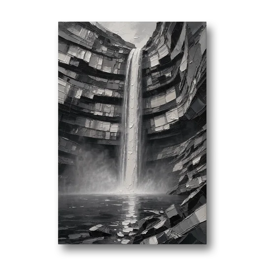 Grayscale Wall Art of a Canyon Waterfall - Canvas Wall Art - Front