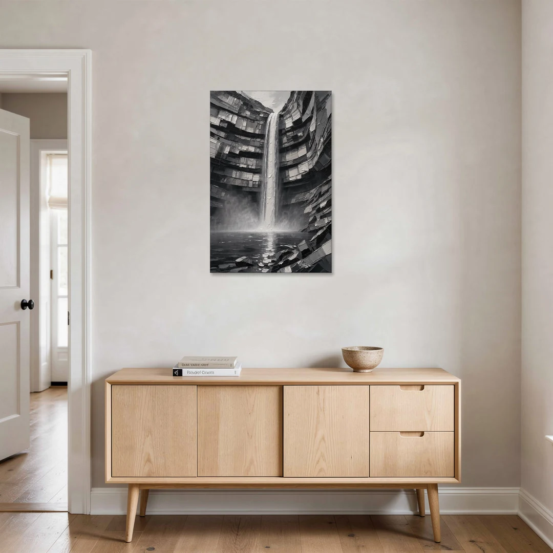 Grayscale Wall Art of a Canyon Waterfall - Canvas Wall Art - Coffee Table - 24x36