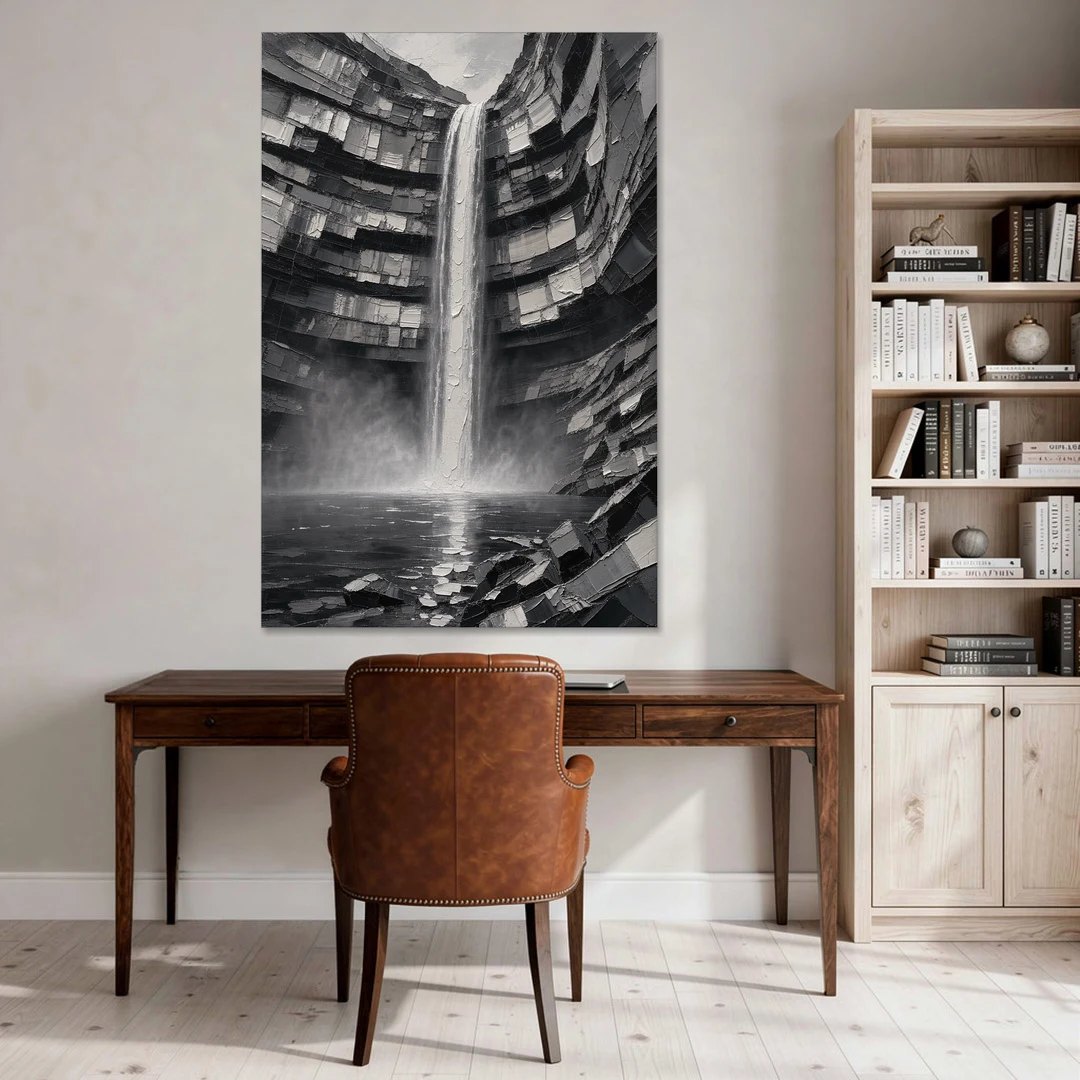 Grayscale Wall Art of a Canyon Waterfall - Canvas Wall Art - Office - 40x60