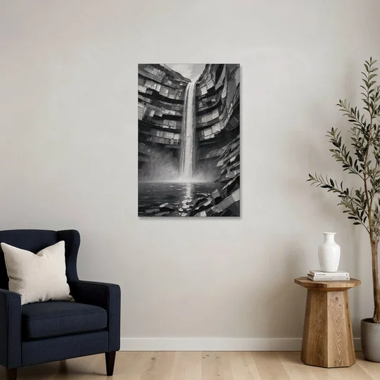 Grayscale Wall Art of a Canyon Waterfall - Canvas Wall Art - Sofa - 24x36