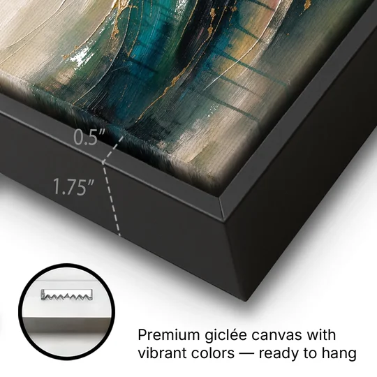 Green Abstract Emerald Tide with Gold Veins - Black Framed Canvas Wall Art - Gallery Wrap Corner