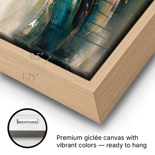 Green Abstract Emerald Tide with Gold Veins - Oak Framed Canvas Wall Art - Gallery Wrap Corner