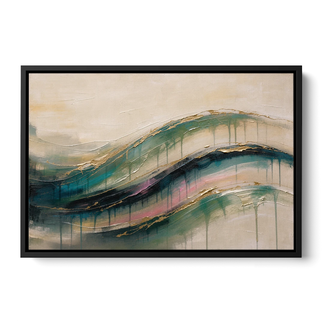 Green Abstract Emerald Tide with Gold Veins - Black Framed Canvas Wall Art - Front