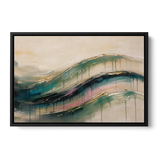 Green Abstract Emerald Tide with Gold Veins - Black Framed Canvas Wall Art - Front