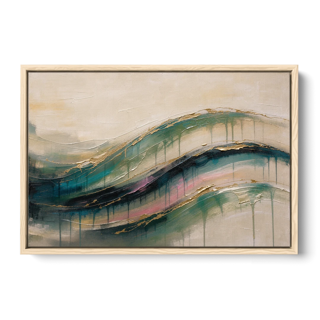 Green Abstract Emerald Tide with Gold Veins - Oak Framed Canvas Wall Art - Front