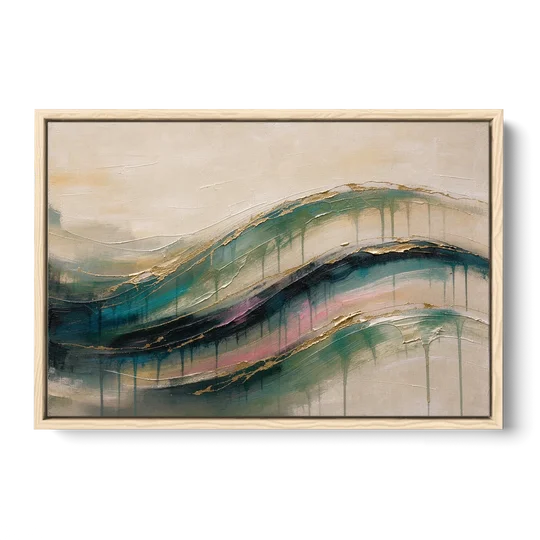 Green Abstract Emerald Tide with Gold Veins - Oak Framed Canvas Wall Art - Front