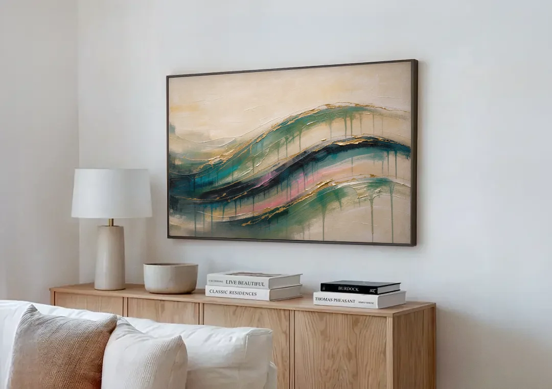 Green Abstract Emerald Tide with Gold Veins canvas wall art above a wooden sideboard next to a sofa