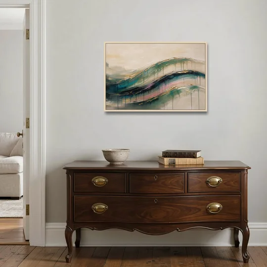 Green Abstract Emerald Tide with Gold Veins - Oak Framed Canvas Wall Art - Coffee Table - 36x24