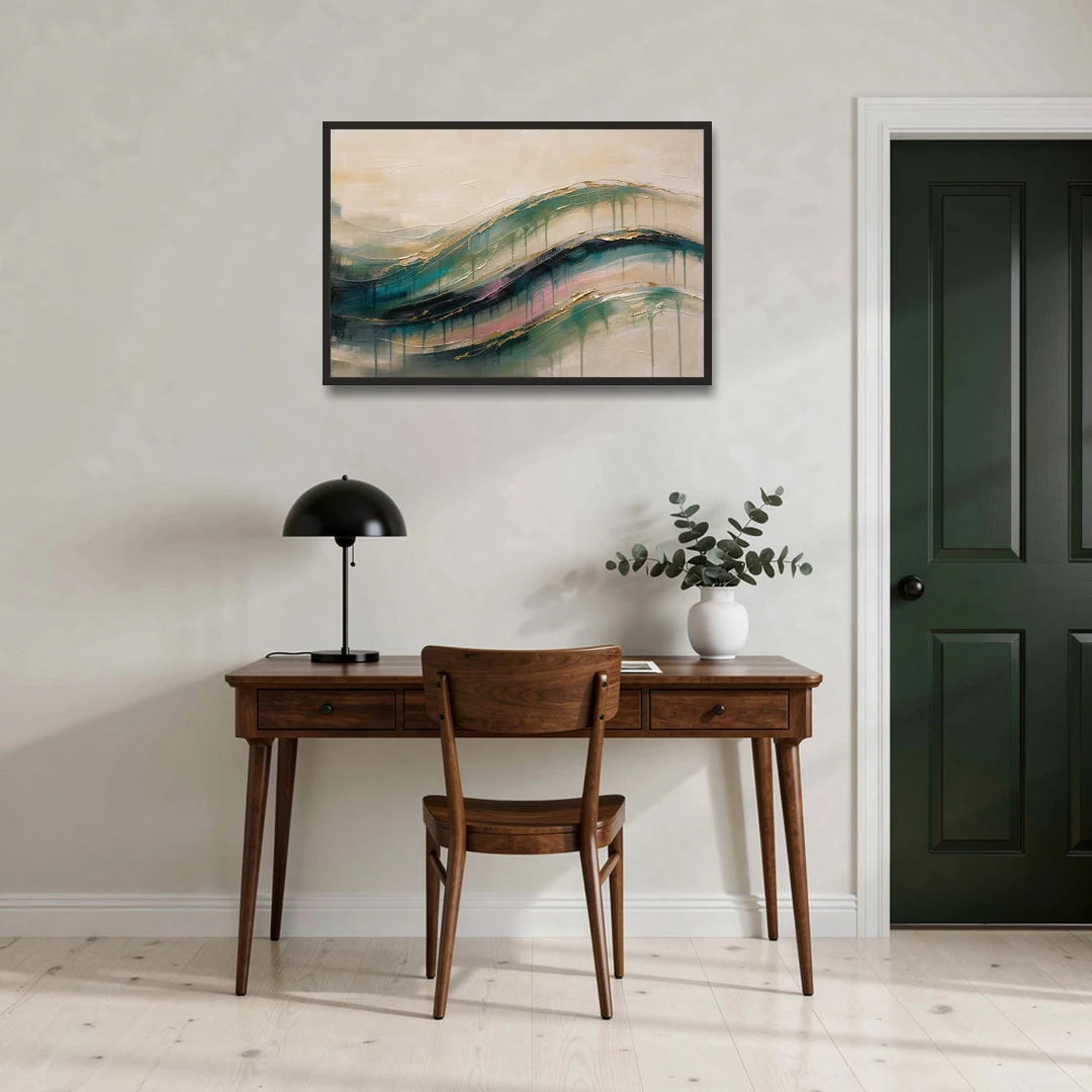 Green Abstract Emerald Tide with Gold Veins - Black Framed Canvas Wall Art - Office - 36x24