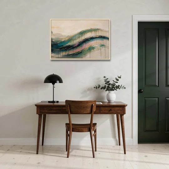 Green Abstract Emerald Tide with Gold Veins - Oak Framed Canvas Wall Art - Office - 36x24