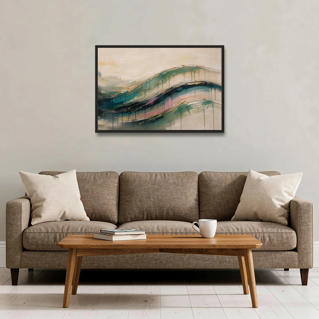 Green Abstract Emerald Tide with Gold Veins - Black Framed Canvas Wall Art - Sofa - 36x24