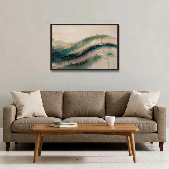 Green Abstract Emerald Tide with Gold Veins - Black Framed Canvas Wall Art - Sofa - 36x24