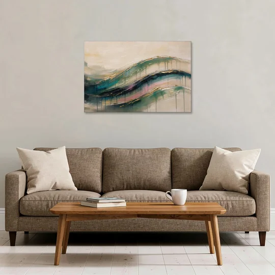 Green Abstract Emerald Tide with Gold Veins - Canvas Wall Art - Sofa - 36x24