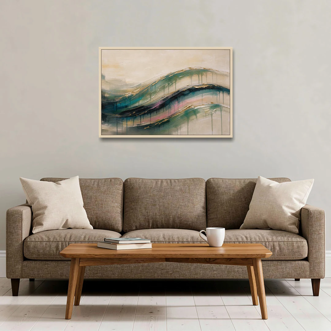 Green Abstract Emerald Tide with Gold Veins - Oak Framed Canvas Wall Art - Sofa - 36x24