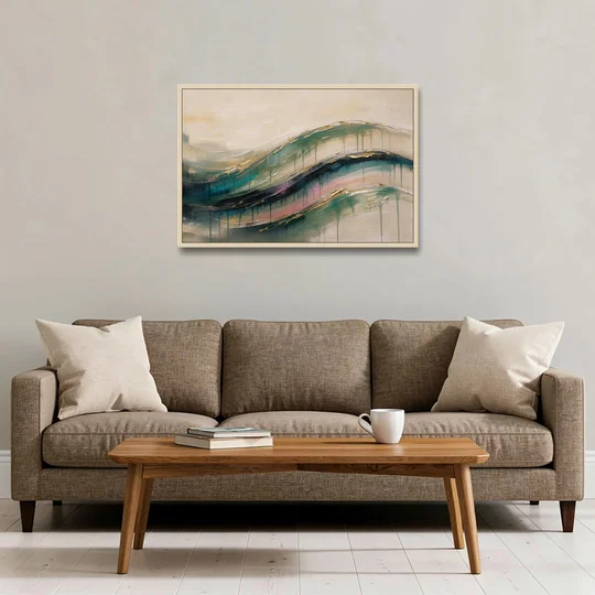 Green Abstract Emerald Tide with Gold Veins - Oak Framed Canvas Wall Art - Sofa - 36x24