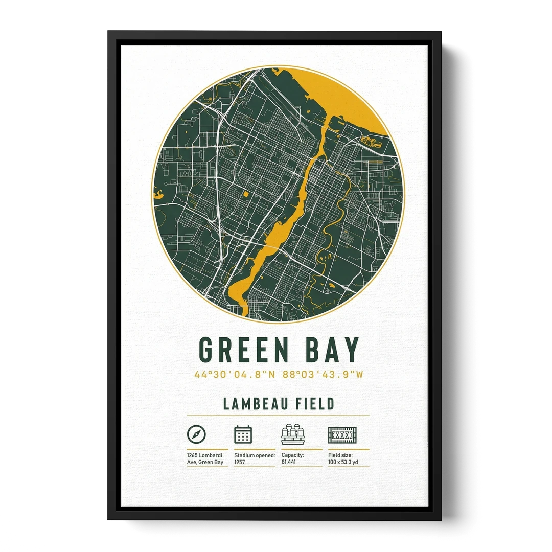 Green Bay Packers Lambeau Field Stadium Map - Black Framed Canvas Wall Art - Front