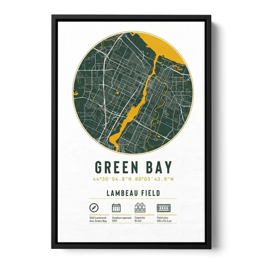 Green Bay Packers Lambeau Field Stadium Map - Black Framed Canvas Wall Art - Front