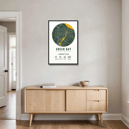 Green Bay Packers Lambeau Field Stadium Map - Black Framed Canvas Wall Art - Coffee Table - 24x36