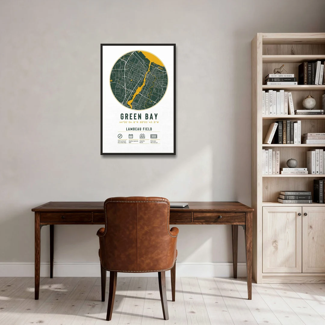Green Bay Packers Lambeau Field Stadium Map - Black Framed Canvas Wall Art - Office - 24x36