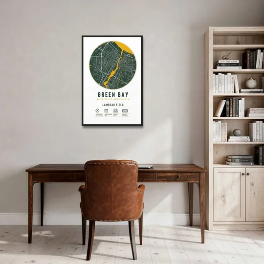 Green Bay Packers Lambeau Field Stadium Map - Black Framed Canvas Wall Art - Office - 24x36