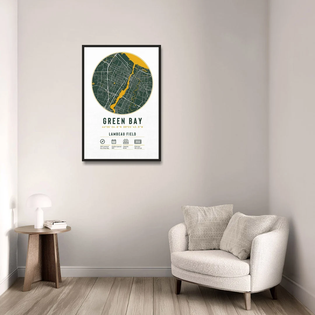 Green Bay Packers Lambeau Field Stadium Map - Black Framed Canvas Wall Art - Sofa - 24x36