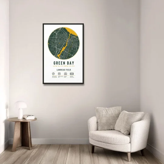 Green Bay Packers Lambeau Field Stadium Map - Black Framed Canvas Wall Art - Sofa - 24x36