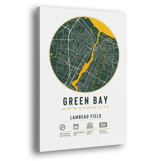 Green Bay Packers Lambeau Field Stadium Map - Canvas Wall Art - Side