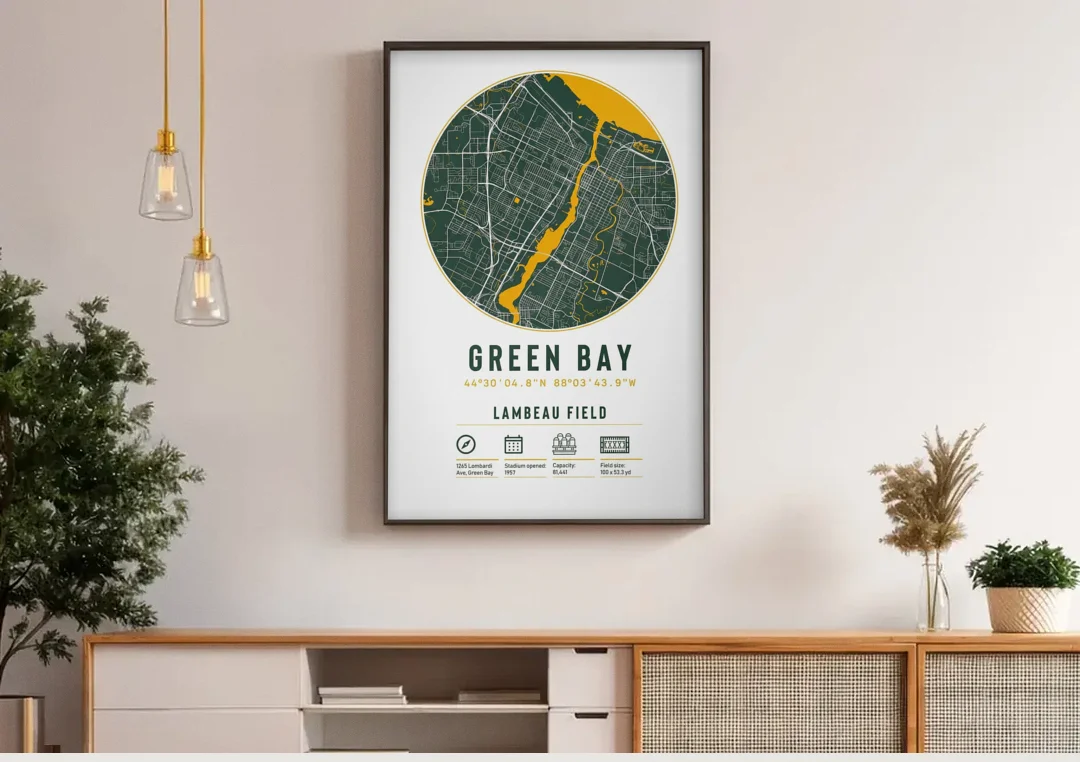 Green Bay Packers Lambeau Field Stadium Map canvas wall art above a wooden sideboard under pendant lights