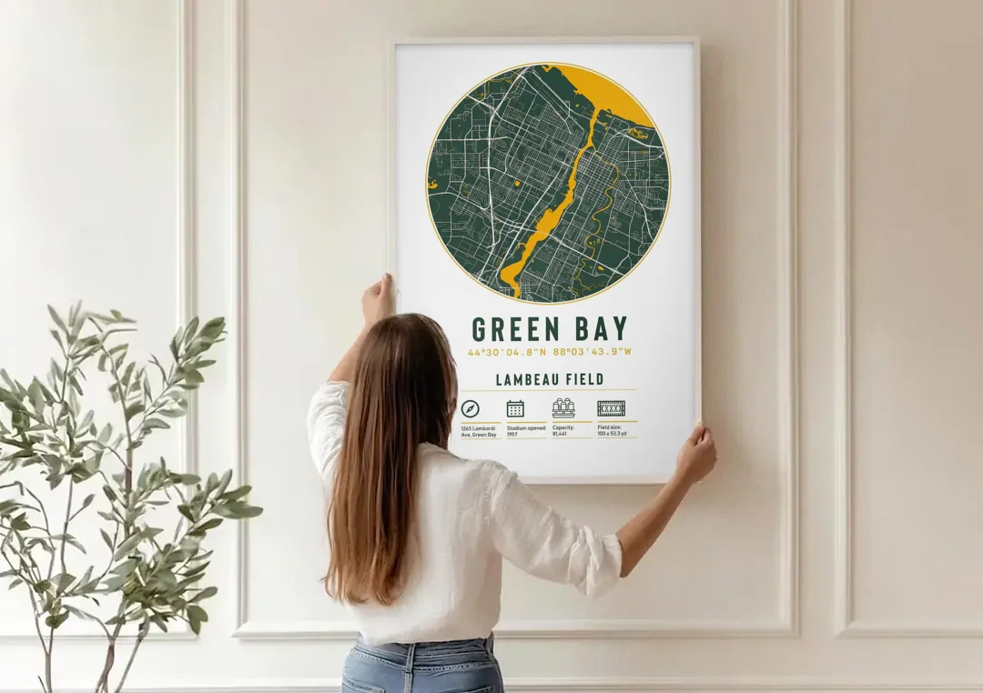 Green Bay Packers Lambeau Field Stadium Map canvas wall art being hung on a paneled wall