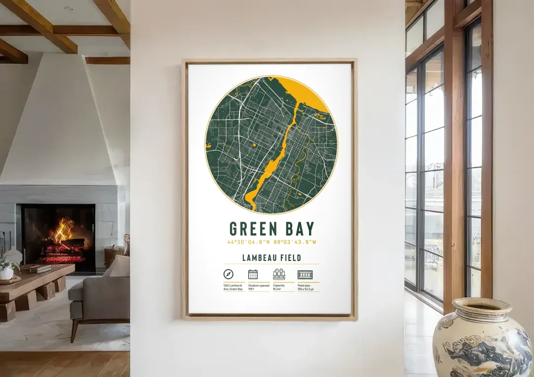 Green Bay Packers Lambeau Field Stadium Map canvas wall art in a living room with a fireplace