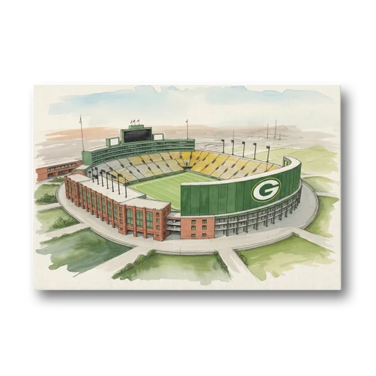 Green Bay Packers Lambeau Field Watercolor Illustration - Canvas Wall Art - Front