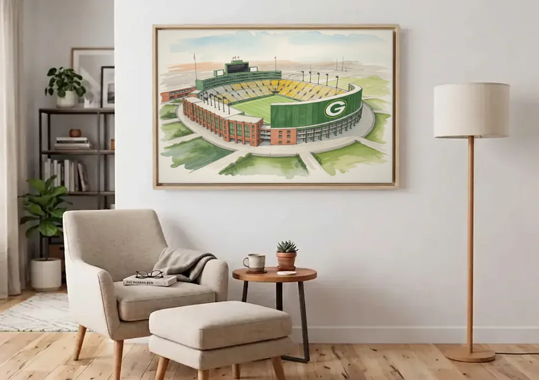 Green Bay Packers Lambeau Field Watercolor Illustration canvas wall art above an armchair in a bright living room