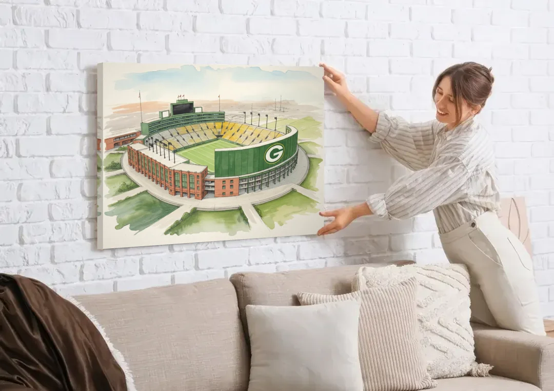 Green Bay Packers Lambeau Field Watercolor Illustration canvas wall art being hung on a white brick wall above a sofa